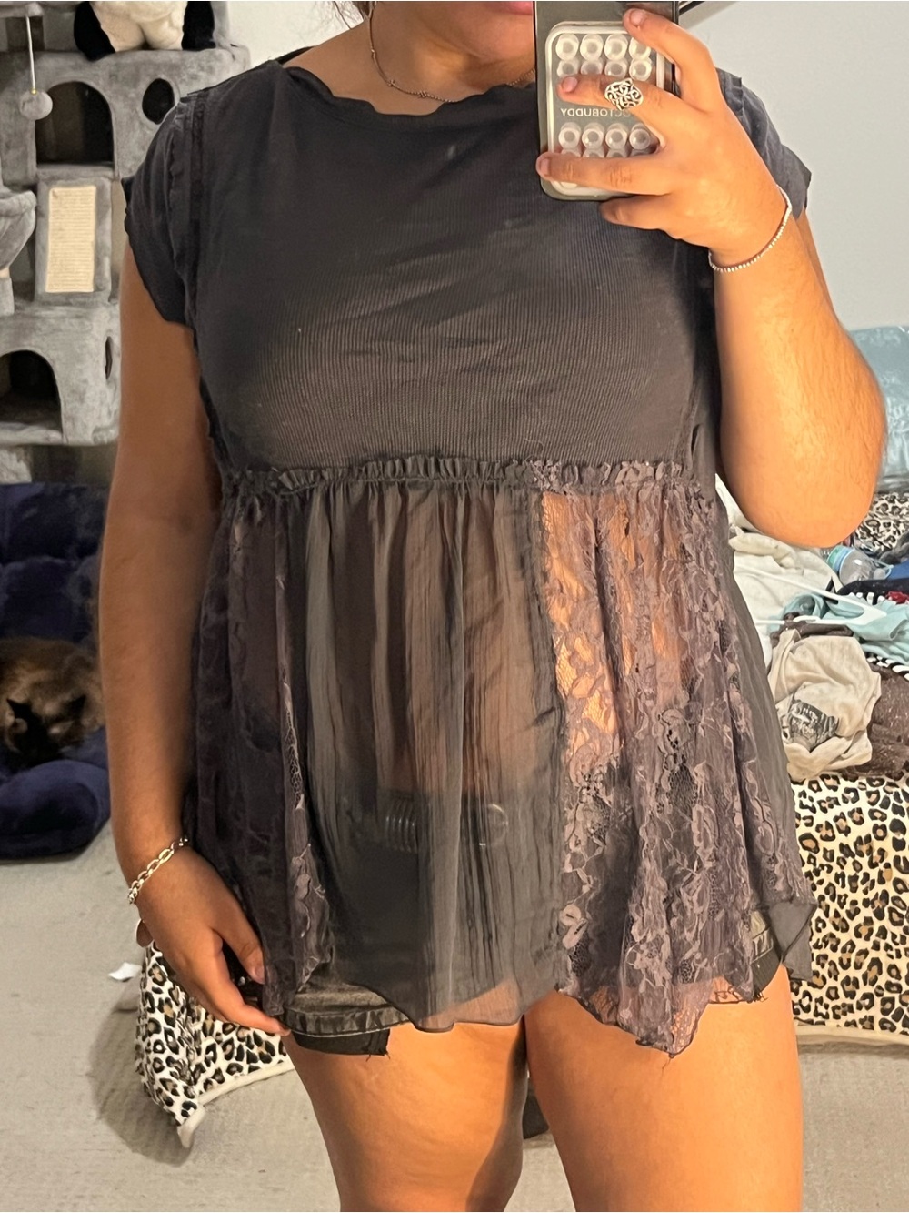 Sheer Lace-Trim Babydoll Top - Dark grey